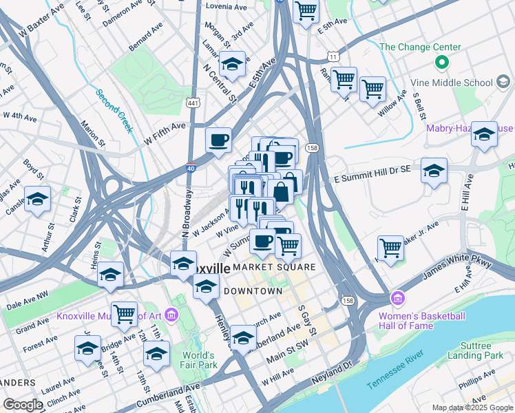 map of restaurants, bars, coffee shops, grocery stores, and more near 119 South Gay Street in Knoxville
