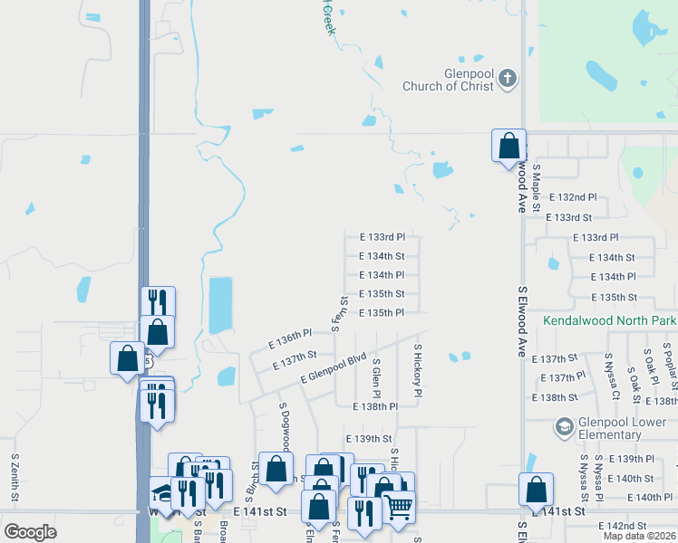 map of restaurants, bars, coffee shops, grocery stores, and more near 13492 South Fern Street in Glenpool