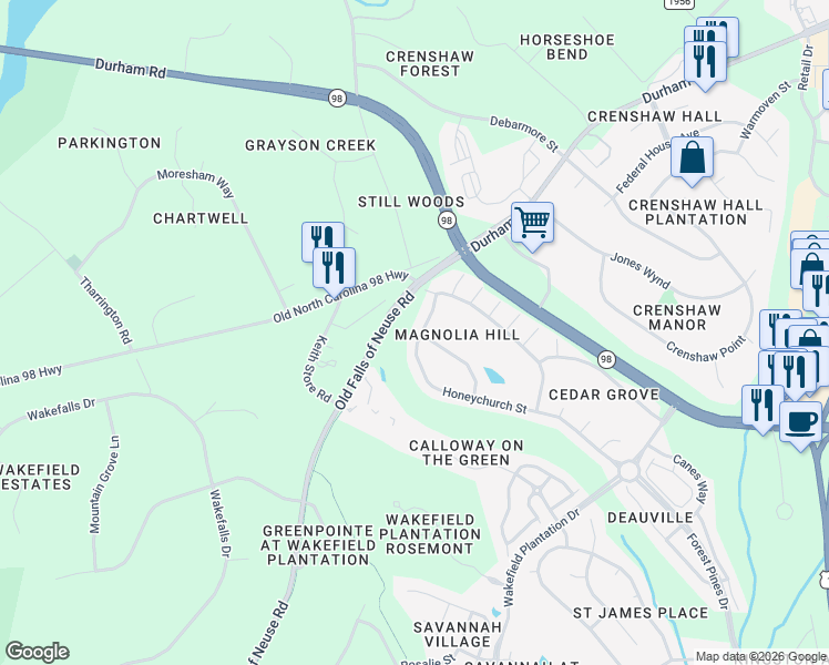 map of restaurants, bars, coffee shops, grocery stores, and more near 3372 Sugar House Street in Raleigh