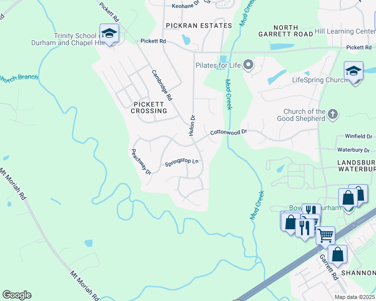 map of restaurants, bars, coffee shops, grocery stores, and more near 3905 Cottonwood Drive in Durham