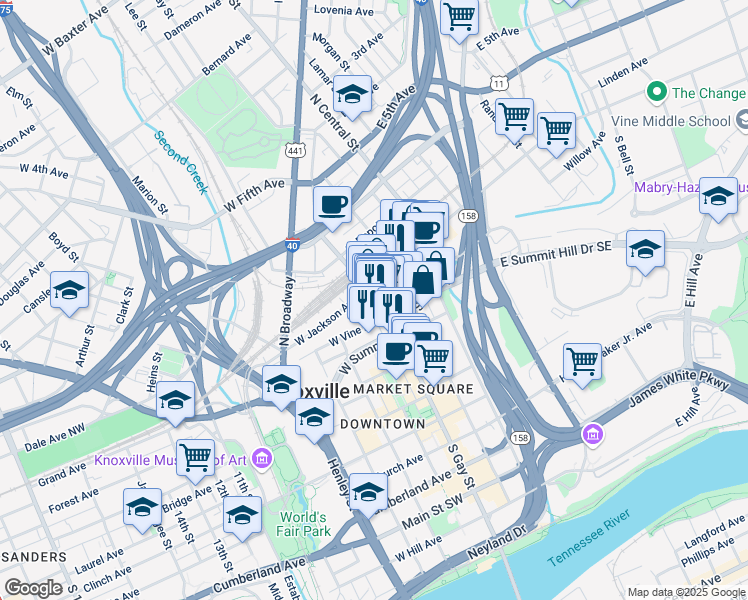 map of restaurants, bars, coffee shops, grocery stores, and more near 119 South Gay Street in Knoxville