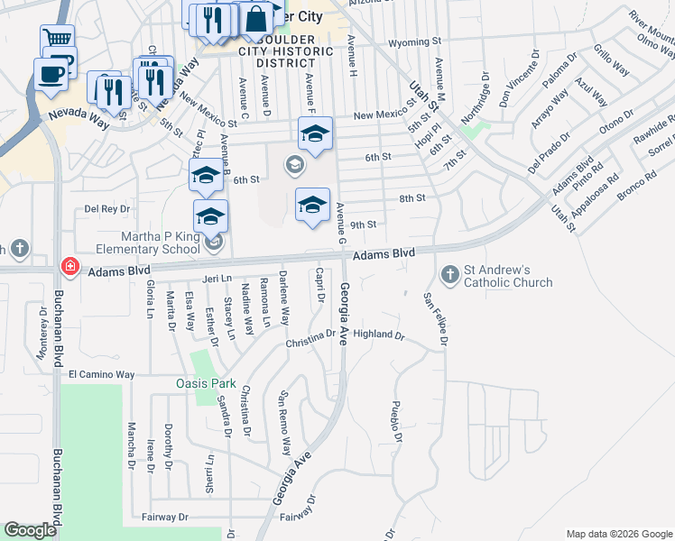 map of restaurants, bars, coffee shops, grocery stores, and more near in Boulder City
