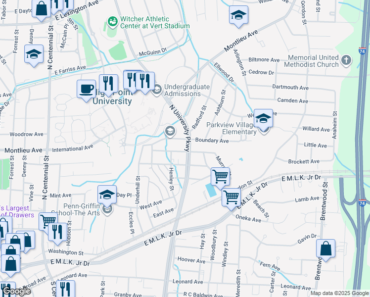 map of restaurants, bars, coffee shops, grocery stores, and more near 1521 Graves Avenue in High Point