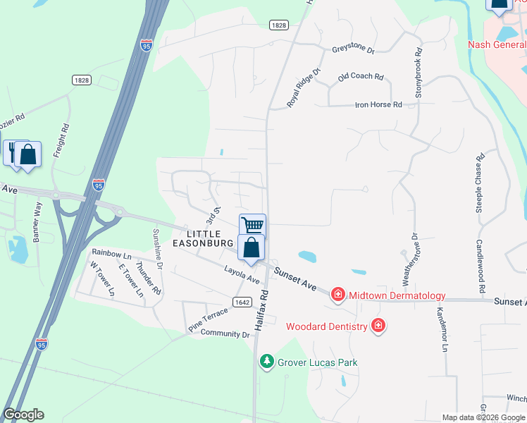 map of restaurants, bars, coffee shops, grocery stores, and more near 80 South Valley Court in Rocky Mount