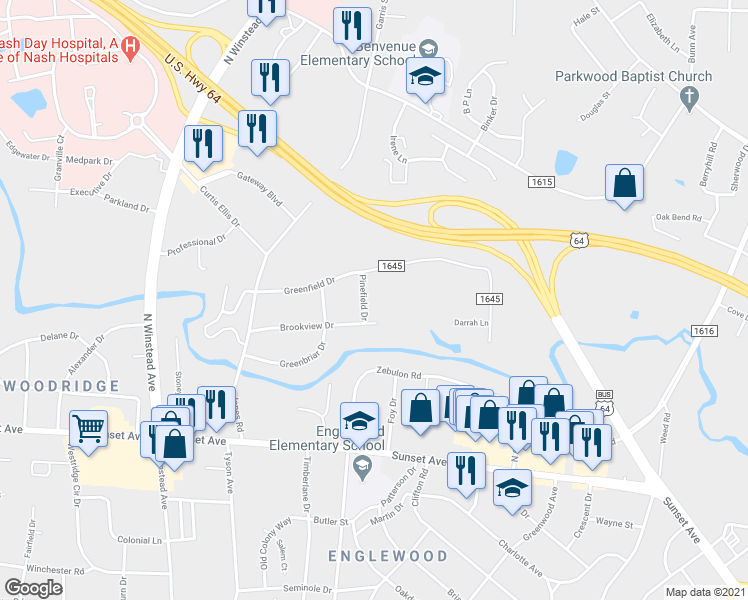 map of restaurants, bars, coffee shops, grocery stores, and more near 3309 Pinefield Drive in Rocky Mount