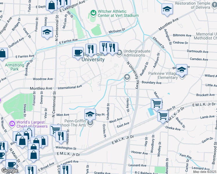 map of restaurants, bars, coffee shops, grocery stores, and more near 517 Underhill Street in High Point