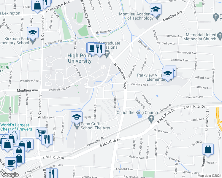 map of restaurants, bars, coffee shops, grocery stores, and more near 1507 Graves Avenue in High Point
