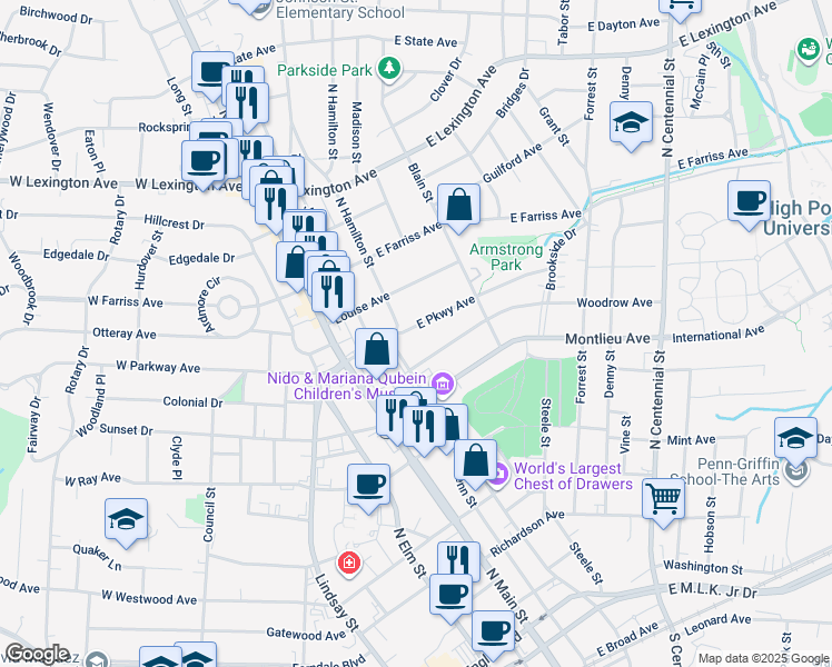 map of restaurants, bars, coffee shops, grocery stores, and more near 210 East Parkway Avenue in High Point