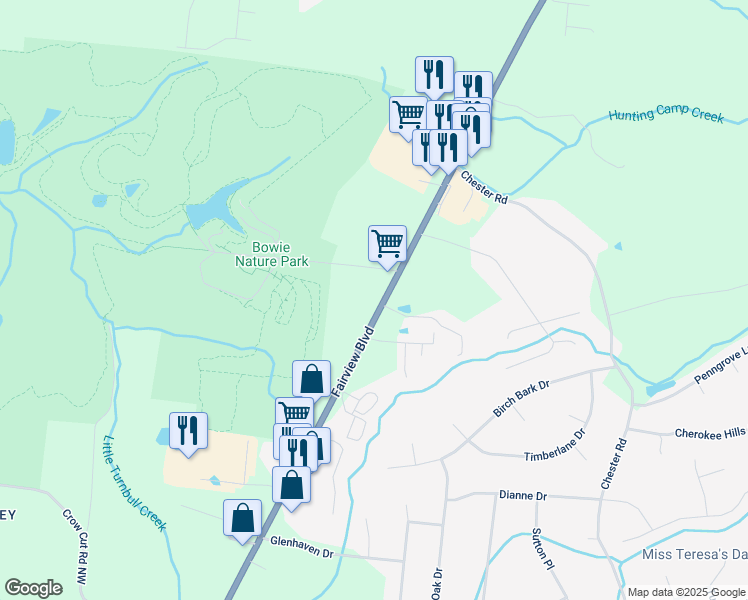 map of restaurants, bars, coffee shops, grocery stores, and more near 2300 Fairview Boulevard in Fairview