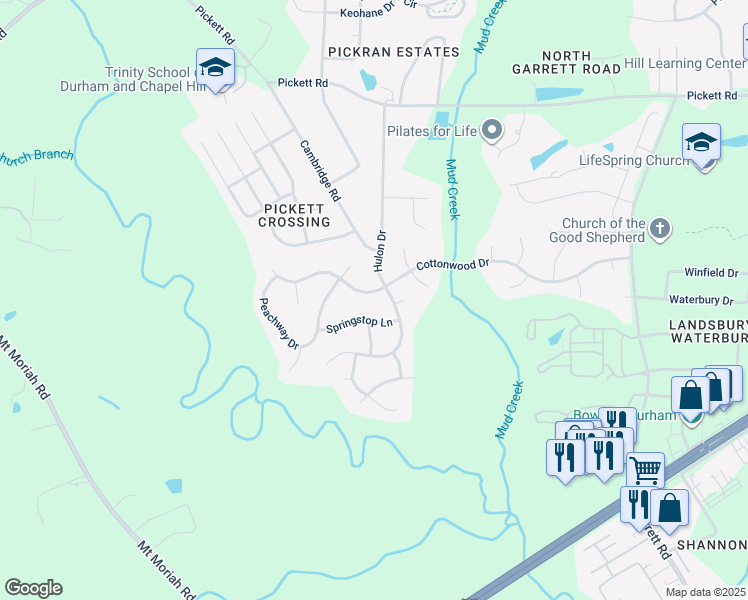 map of restaurants, bars, coffee shops, grocery stores, and more near 3905 Cottonwood Drive in Durham
