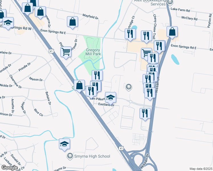 map of restaurants, bars, coffee shops, grocery stores, and more near 1610 Gregory Mills Drive in Smyrna