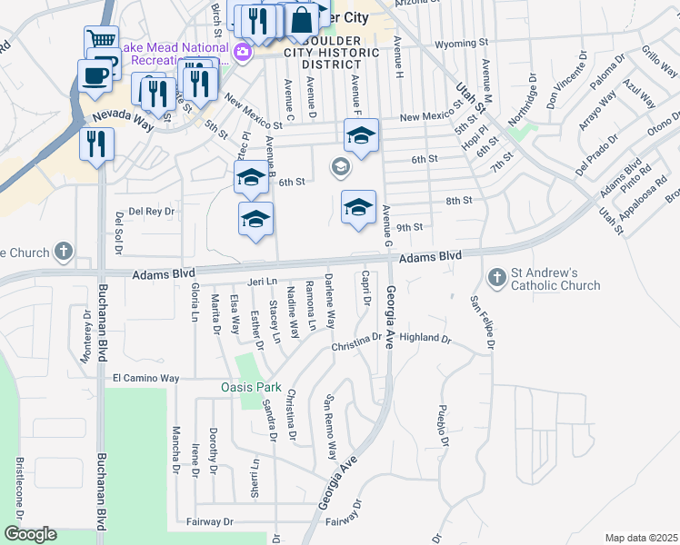 map of restaurants, bars, coffee shops, grocery stores, and more near 1303 Darlene Way in Boulder City