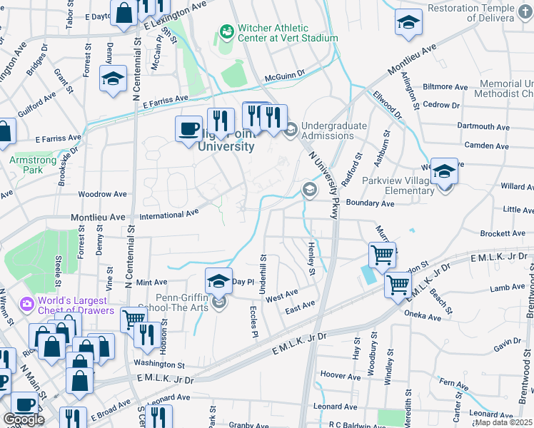 map of restaurants, bars, coffee shops, grocery stores, and more near 517 Underhill Street in High Point