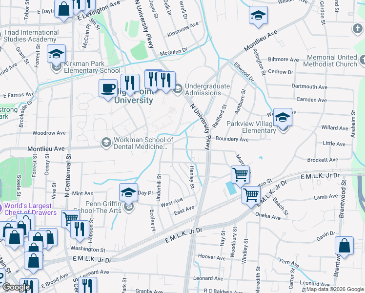 map of restaurants, bars, coffee shops, grocery stores, and more near 1505 Graves Avenue in High Point