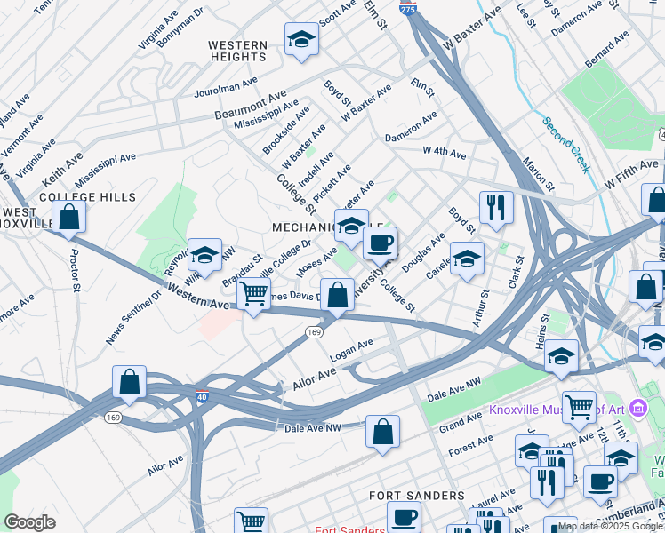 map of restaurants, bars, coffee shops, grocery stores, and more near 733 Alfredda Delaney Street in Knoxville