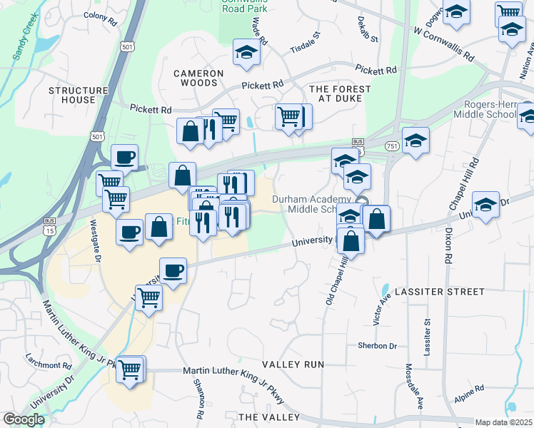 map of restaurants, bars, coffee shops, grocery stores, and more near 3725 Mayfair Street in Durham