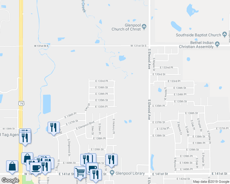 map of restaurants, bars, coffee shops, grocery stores, and more near 13493 South Hickory Place in Glenpool