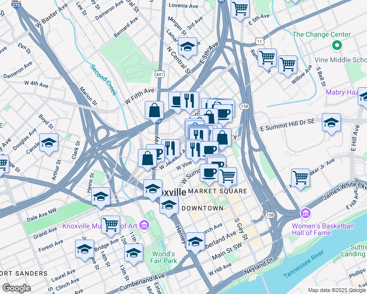 map of restaurants, bars, coffee shops, grocery stores, and more near 401 West Jackson Avenue in Knoxville
