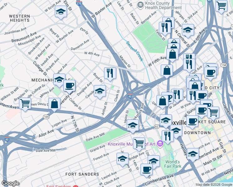map of restaurants, bars, coffee shops, grocery stores, and more near 1003 Oak Avenue in Knoxville