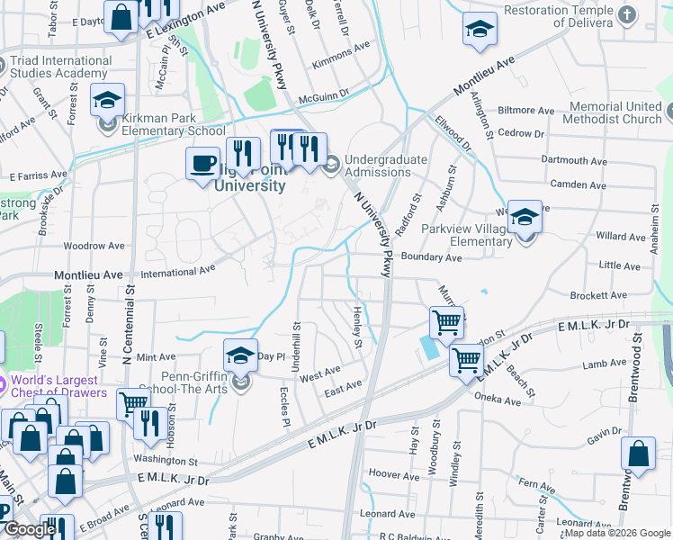 map of restaurants, bars, coffee shops, grocery stores, and more near 1503 Graves Avenue in High Point