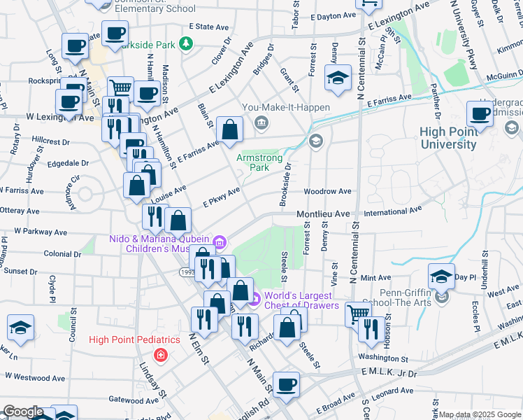 map of restaurants, bars, coffee shops, grocery stores, and more near 305 Montlieu Avenue in High Point