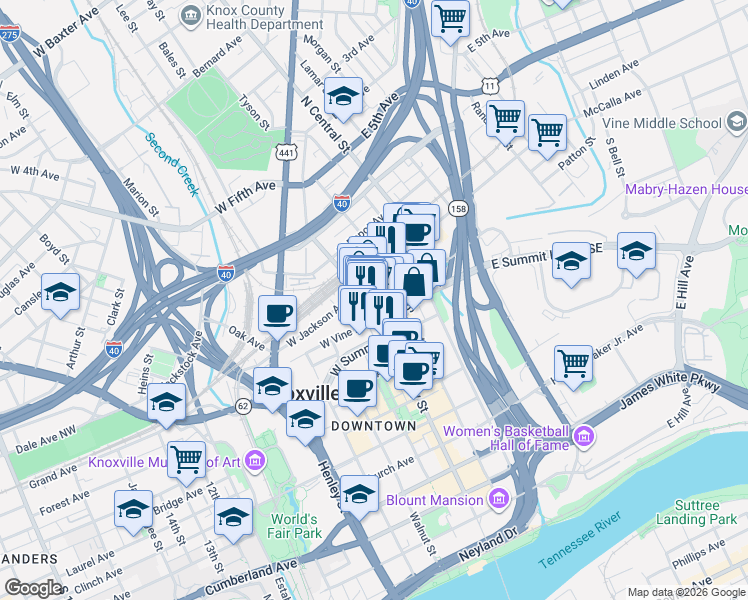 map of restaurants, bars, coffee shops, grocery stores, and more near 119 South Gay Street in Knoxville