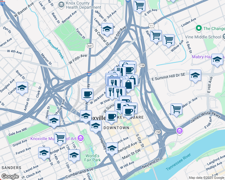 map of restaurants, bars, coffee shops, grocery stores, and more near 117 South Gay Street in Knoxville