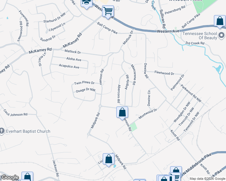 map of restaurants, bars, coffee shops, grocery stores, and more near 5290 Avery Woods Lane in Knoxville