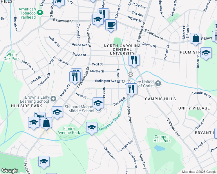 map of restaurants, bars, coffee shops, grocery stores, and more near 605 Hope Avenue in Durham