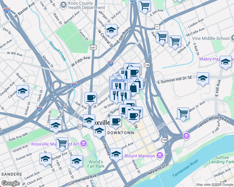 map of restaurants, bars, coffee shops, grocery stores, and more near 115 South Gay Street in Knoxville