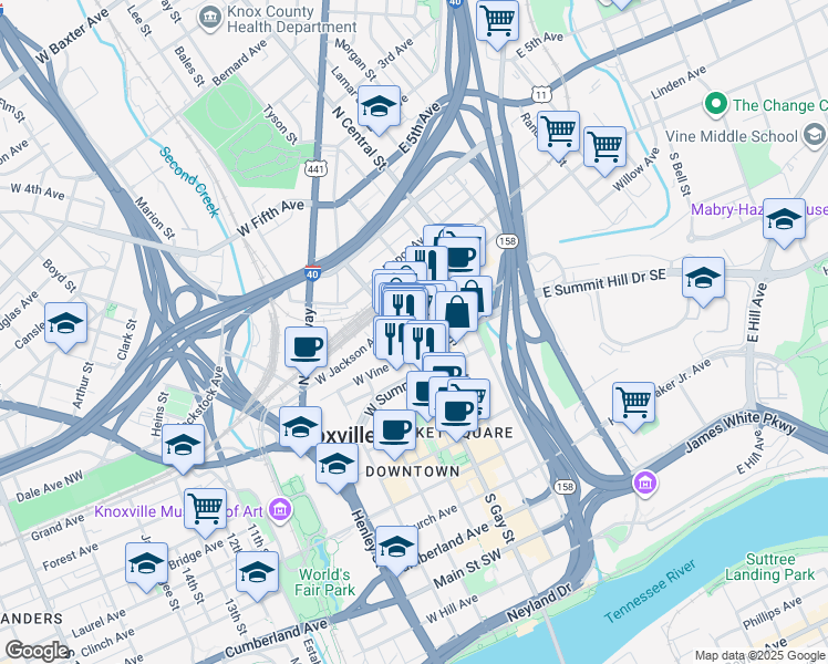 map of restaurants, bars, coffee shops, grocery stores, and more near 119 South Gay Street in Knoxville