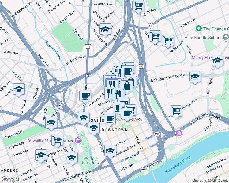 map of restaurants, bars, coffee shops, grocery stores, and more near 119 South Gay Street in Knoxville