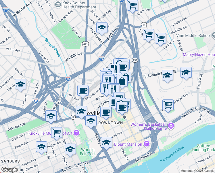 map of restaurants, bars, coffee shops, grocery stores, and more near 115 South Gay Street in Knoxville
