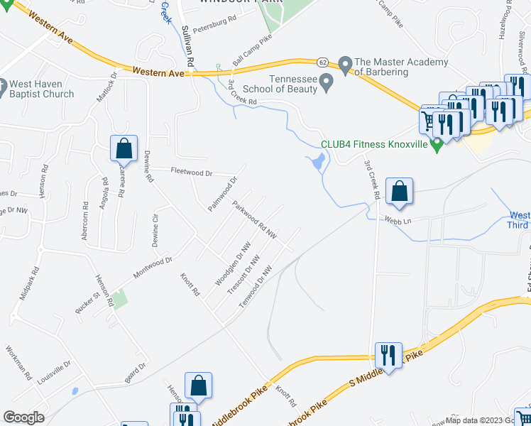 map of restaurants, bars, coffee shops, grocery stores, and more near 4911 Woodglen Drive Northwest in Knoxville