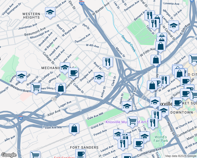 map of restaurants, bars, coffee shops, grocery stores, and more near 315 Deaderick Avenue in Knoxville