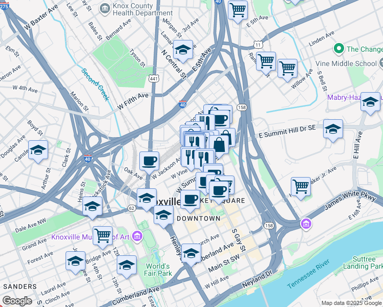map of restaurants, bars, coffee shops, grocery stores, and more near 109 South Gay Street in Knoxville