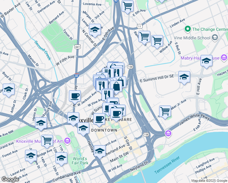 map of restaurants, bars, coffee shops, grocery stores, and more near 125 West Summit Hill Drive Southwest in Knoxville