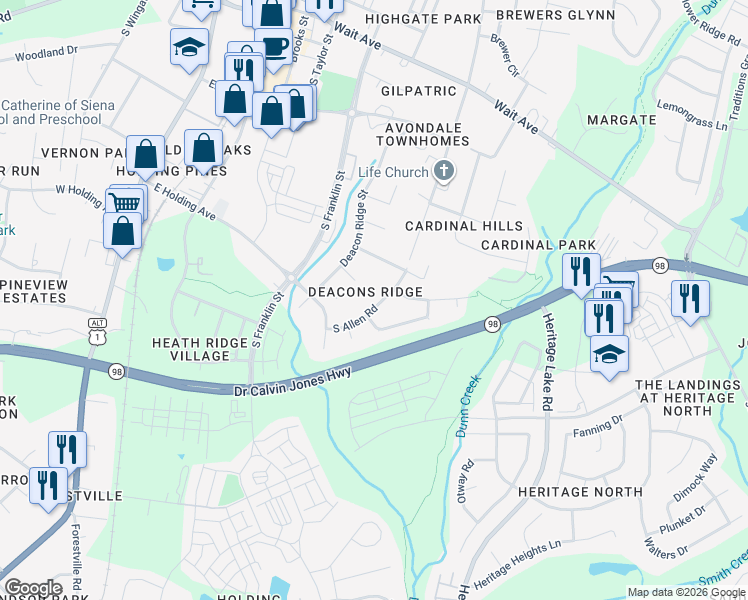 map of restaurants, bars, coffee shops, grocery stores, and more near 512 South Allen Road in Wake Forest