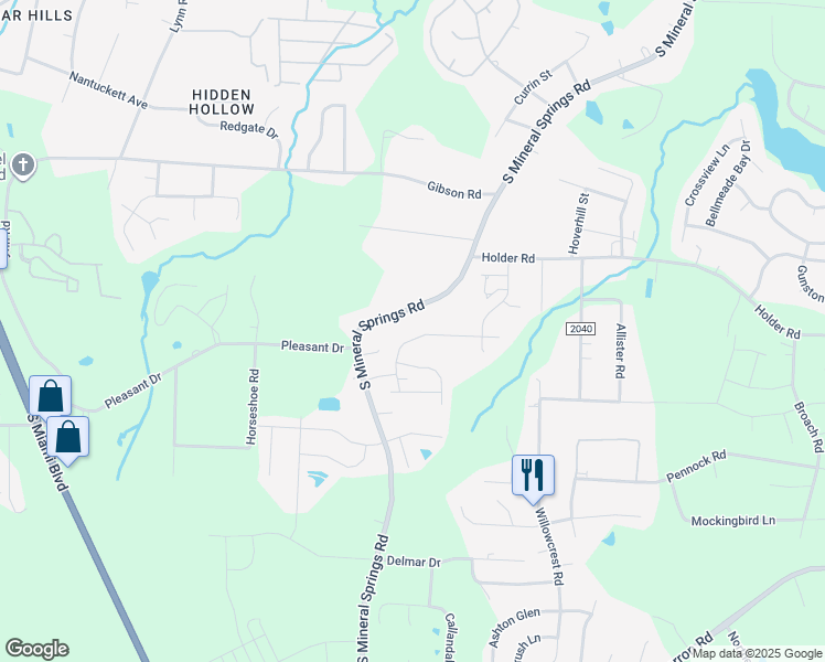 map of restaurants, bars, coffee shops, grocery stores, and more near 915 South Mineral Springs Road in Durham