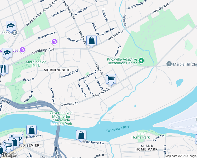map of restaurants, bars, coffee shops, grocery stores, and more near 1700 Iroquois Street in Knoxville