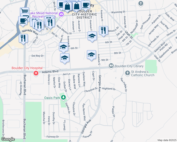 map of restaurants, bars, coffee shops, grocery stores, and more near 1303 Darlene Way in Boulder City
