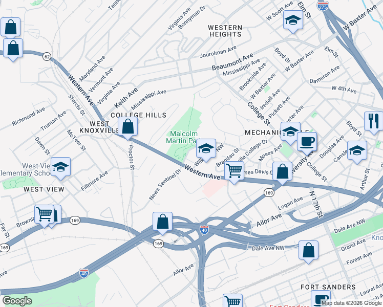 map of restaurants, bars, coffee shops, grocery stores, and more near 1800 Reynolds Street in Knoxville