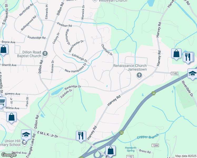 map of restaurants, bars, coffee shops, grocery stores, and more near 1123 Edinburgh Drive in Jamestown