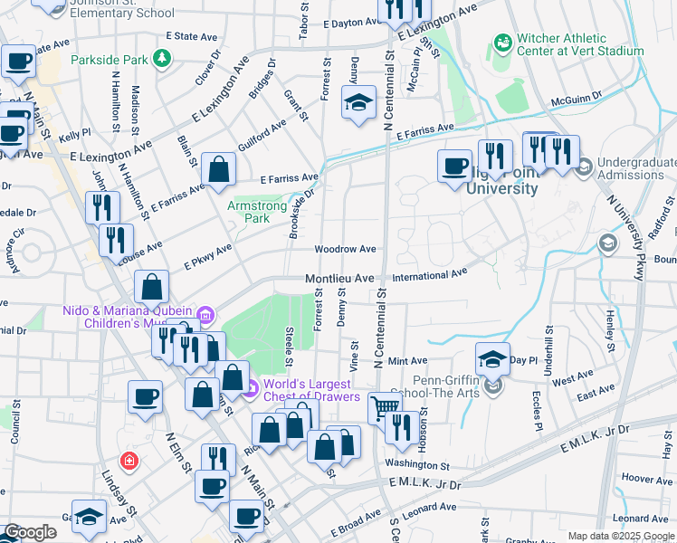 map of restaurants, bars, coffee shops, grocery stores, and more near 409 Montlieu Avenue in High Point