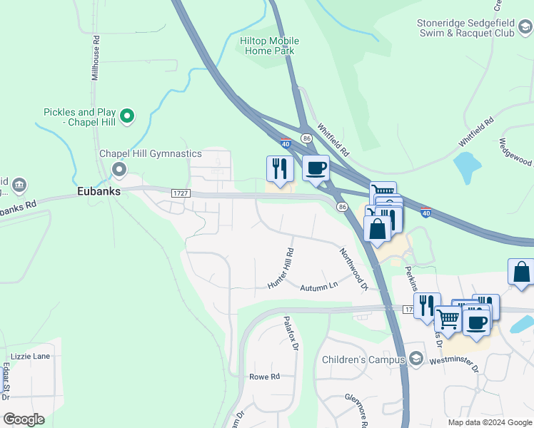 map of restaurants, bars, coffee shops, grocery stores, and more near 208 Northwood Drive in Chapel Hill