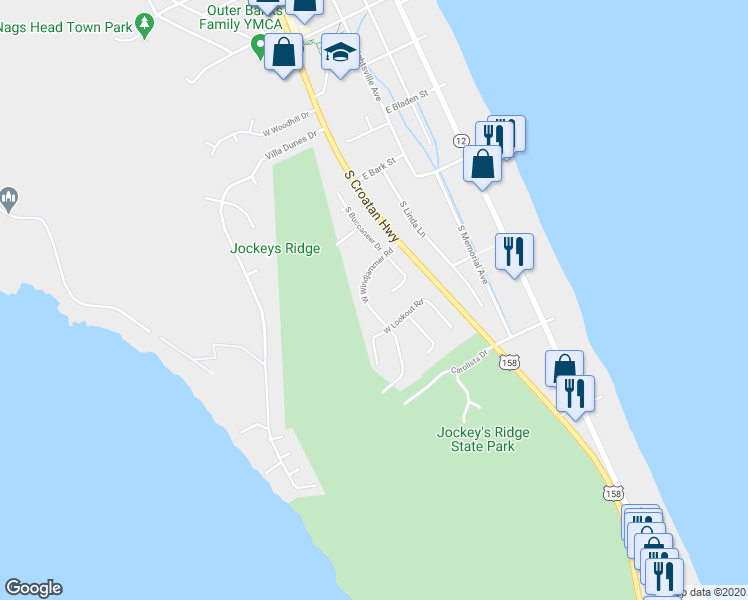 map of restaurants, bars, coffee shops, grocery stores, and more near 129 West Windjammer Road in Nags Head