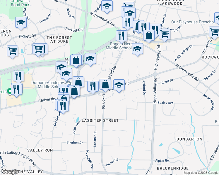 map of restaurants, bars, coffee shops, grocery stores, and more near 3034 University Drive in Durham
