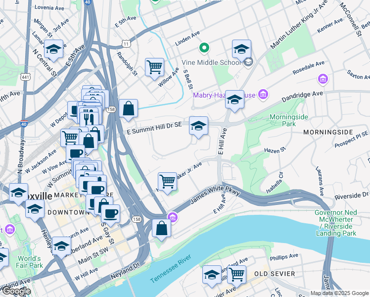 map of restaurants, bars, coffee shops, grocery stores, and more near Lula Powell Drive in Knoxville
