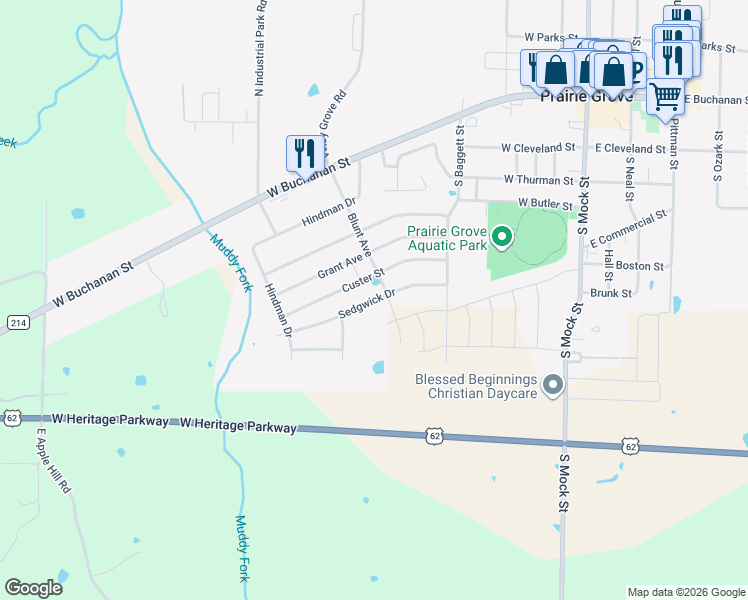 map of restaurants, bars, coffee shops, grocery stores, and more near 801 Sedgwick Drive in Prairie Grove