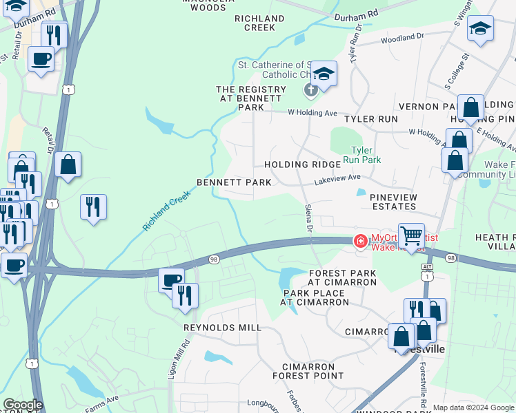 map of restaurants, bars, coffee shops, grocery stores, and more near 953 Richland Ridge Drive in Wake Forest